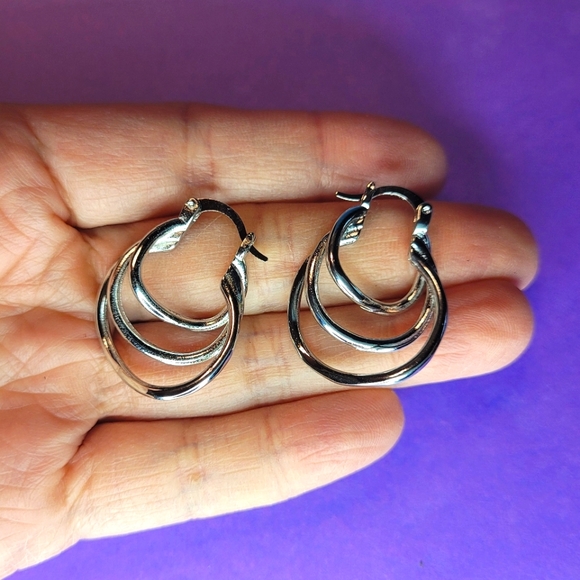 Set of silver plated 3 layer hoops, snap closure earrings. Brand new. - Picture 2 of 3